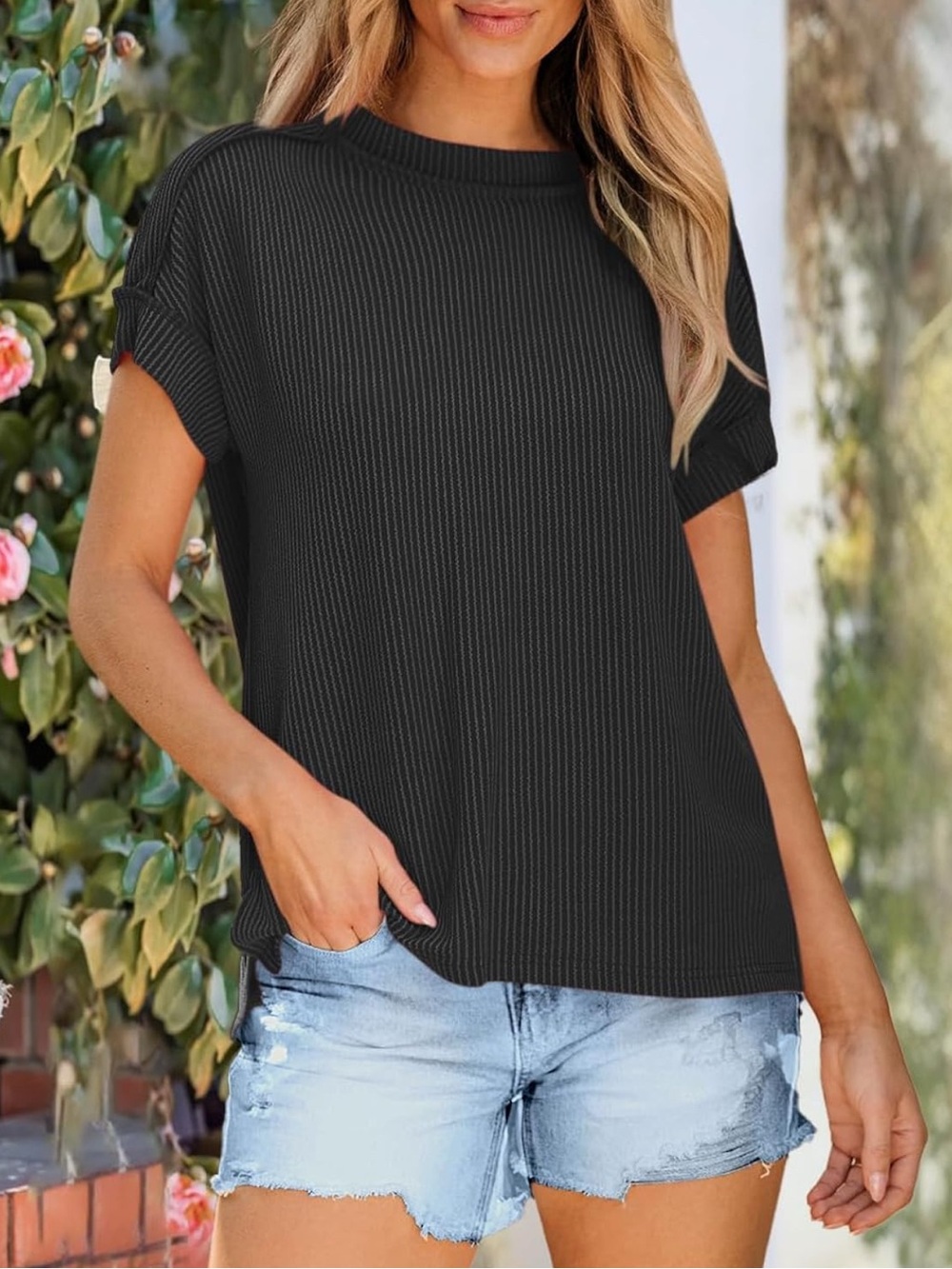 Ribbed Knit High Low Hem T Shirt NWT